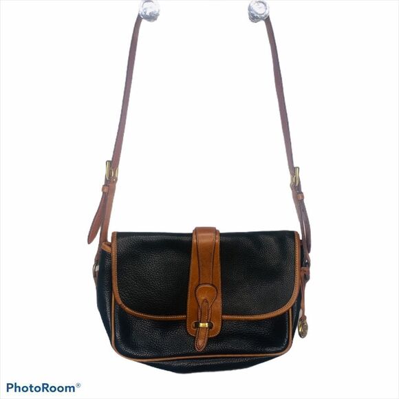 Dooney & Bourke Vintage AWL‎ Navy Crossbody Bag Tan Leather Rare Blue Purse Flap - Picture 1 of 12